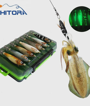 14-delige Set Vis Lures: Luminous Octopus & Inktvis Jigs met Dubbele Haken