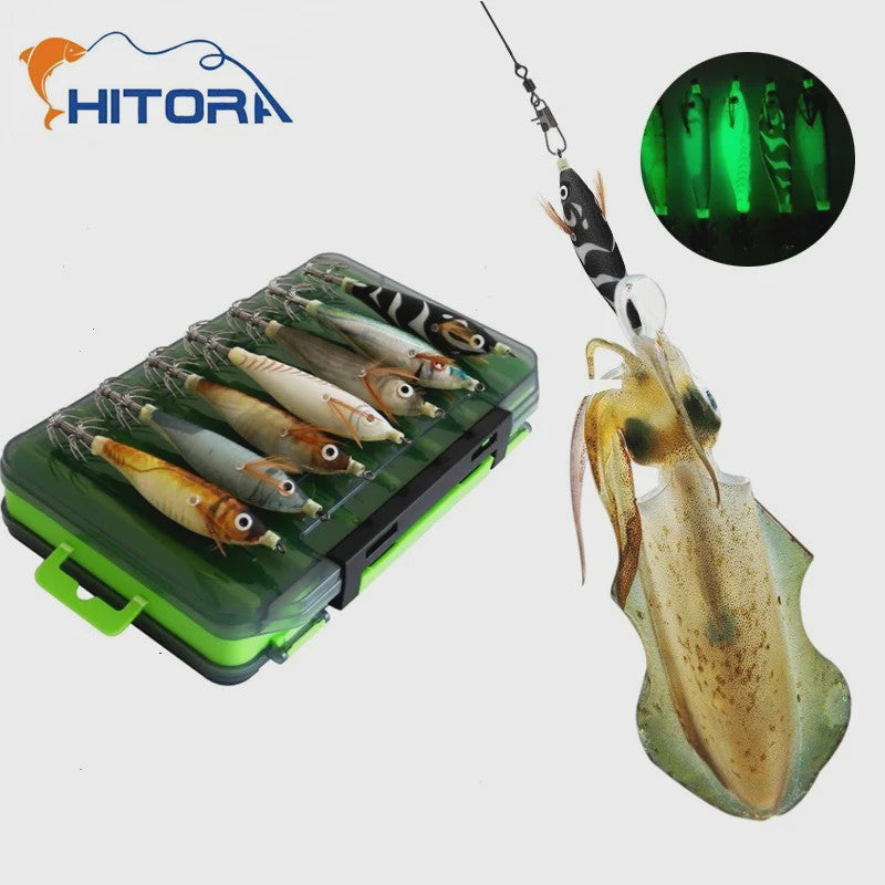 14-delige Set Vis Lures: Luminous Octopus & Inktvis Jigs met Dubbele Haken