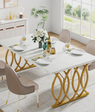 Moderne Eettafel Marmerlook 160cm Rechthoekig voor 4-6 Personen met Gouden Onderstel