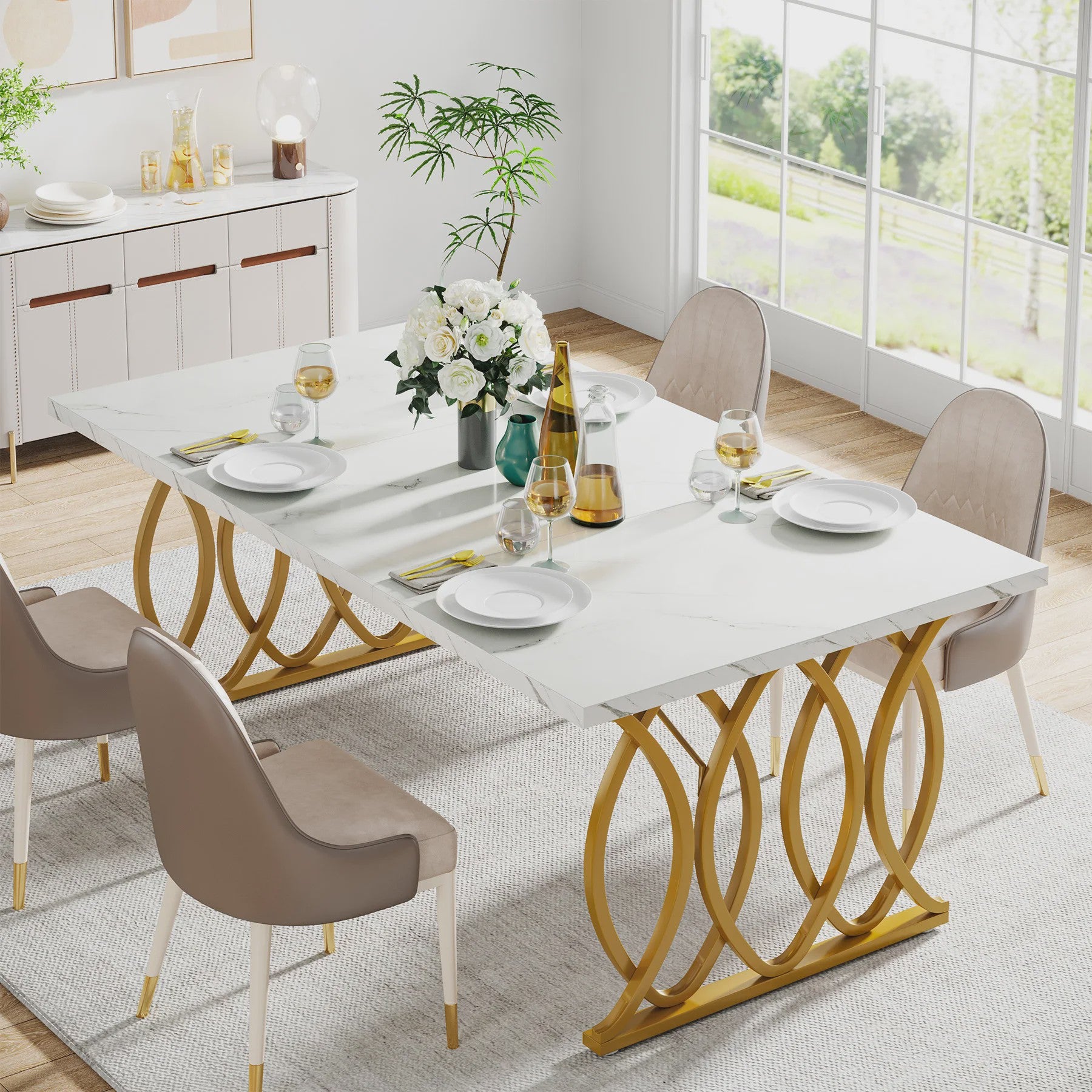 Moderne Eettafel Marmerlook 160cm Rechthoekig voor 4-6 Personen met Gouden Onderstel