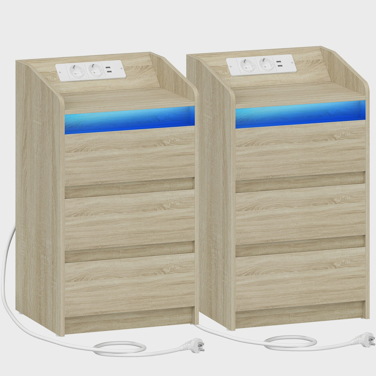 Set van 2 Eiken Nachtkastjes met Laadstation, LED Verlichting en 3 Lades