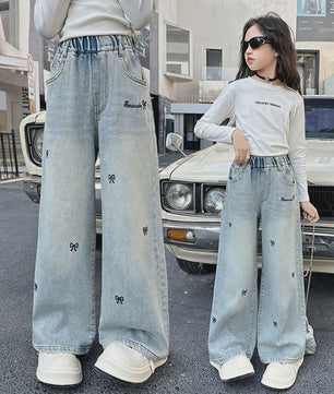Modieuze Jeans met Strikjesprint voor Meisjes (4-14 jaar) - Wijde Pijpen Denim Broek