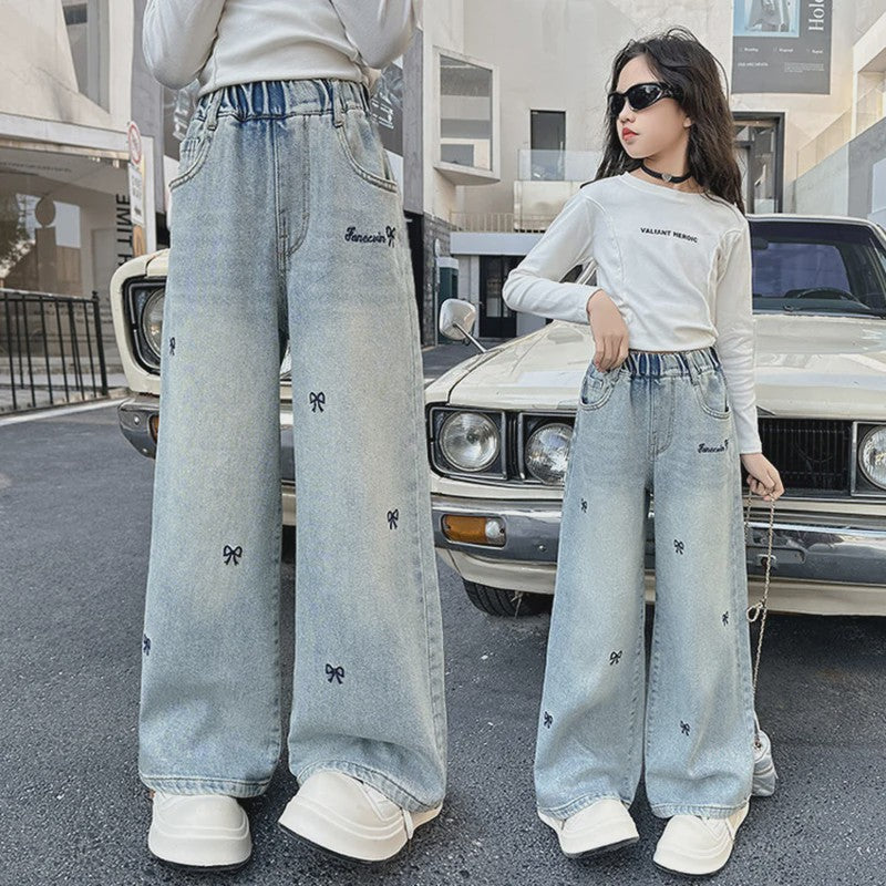 Modieuze Jeans met Strikjesprint voor Meisjes (4-14 jaar) - Wijde Pijpen Denim Broek