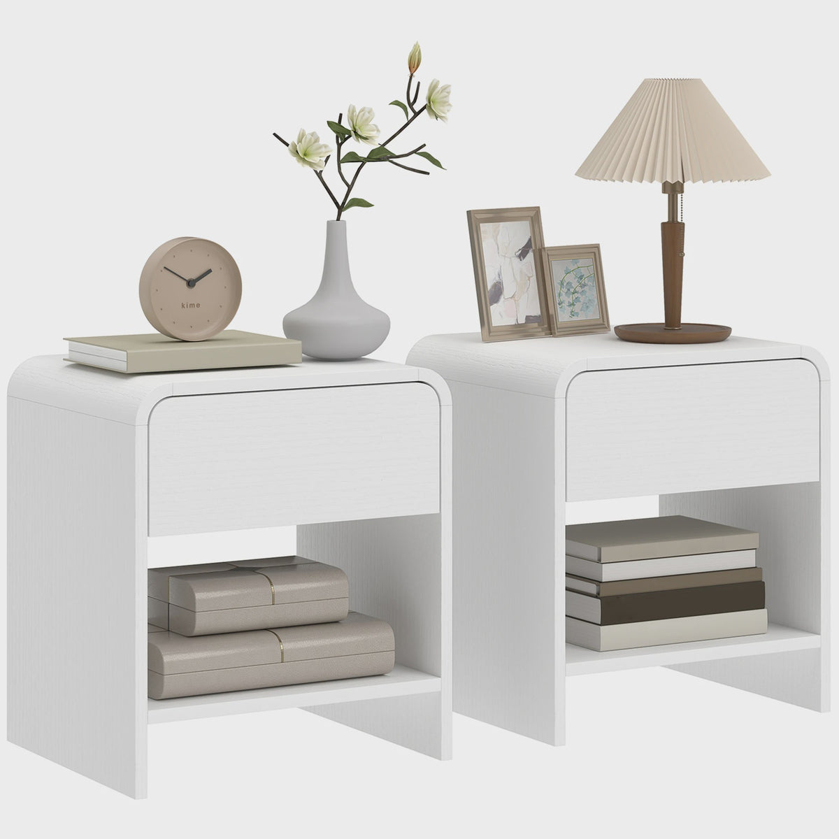 Set van 2 Witte Nachtkastjes met Lade en Open Vak - 40x35x45 cm
