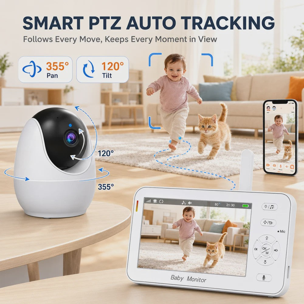 1080P HD WiFi Babyfoon met 4.3 inch Scherm, App Bediening, Nachtzicht & Temperatuur