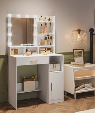 Stijlvolle Kaptafel met Spiegel en 10 LED Lampjes - Veel Opbergruimte & Lade
