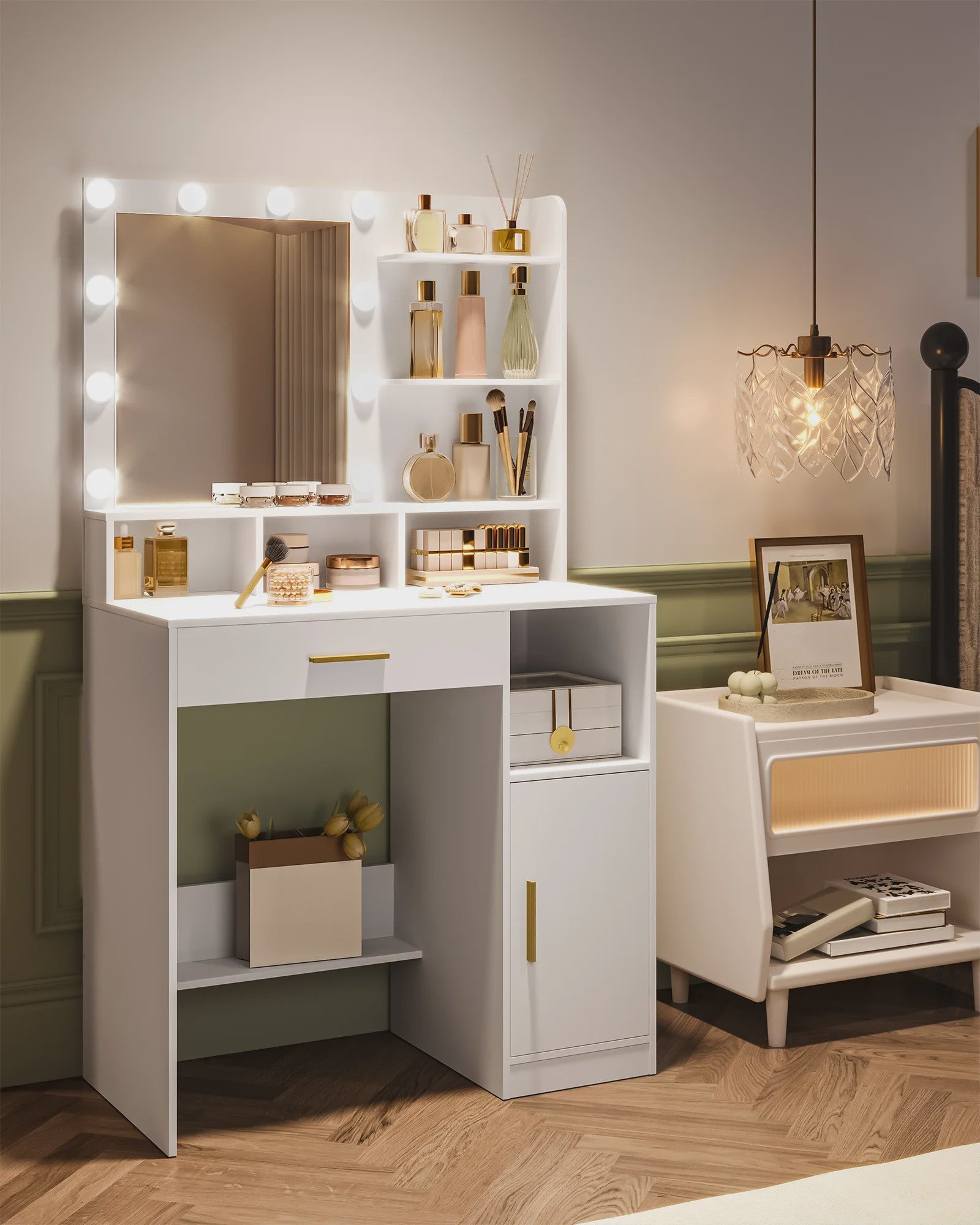 Stijlvolle Kaptafel met Spiegel en 10 LED Lampjes - Veel Opbergruimte & Lade