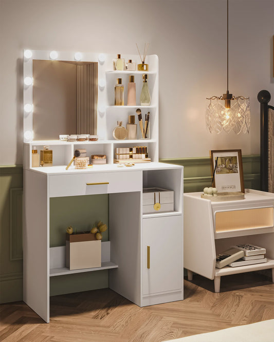 Stijlvolle Kaptafel met Spiegel en 10 LED Lampjes - Veel Opbergruimte & Lade