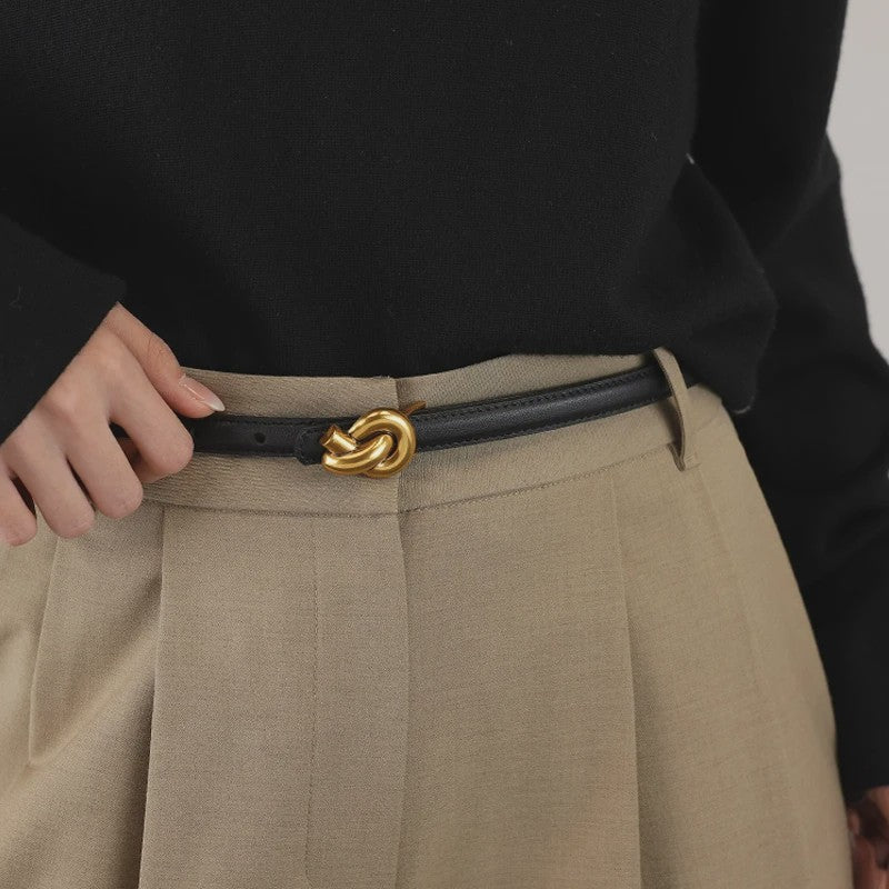 Dames Riem Echt Leer met Gouden Knoop Gesp - Stijlvol voor Jurken & Jeans