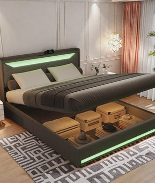 Luxe Boxspring Bed met Opbergruimte, LED Verlichting en USB - Grijs Linnen
