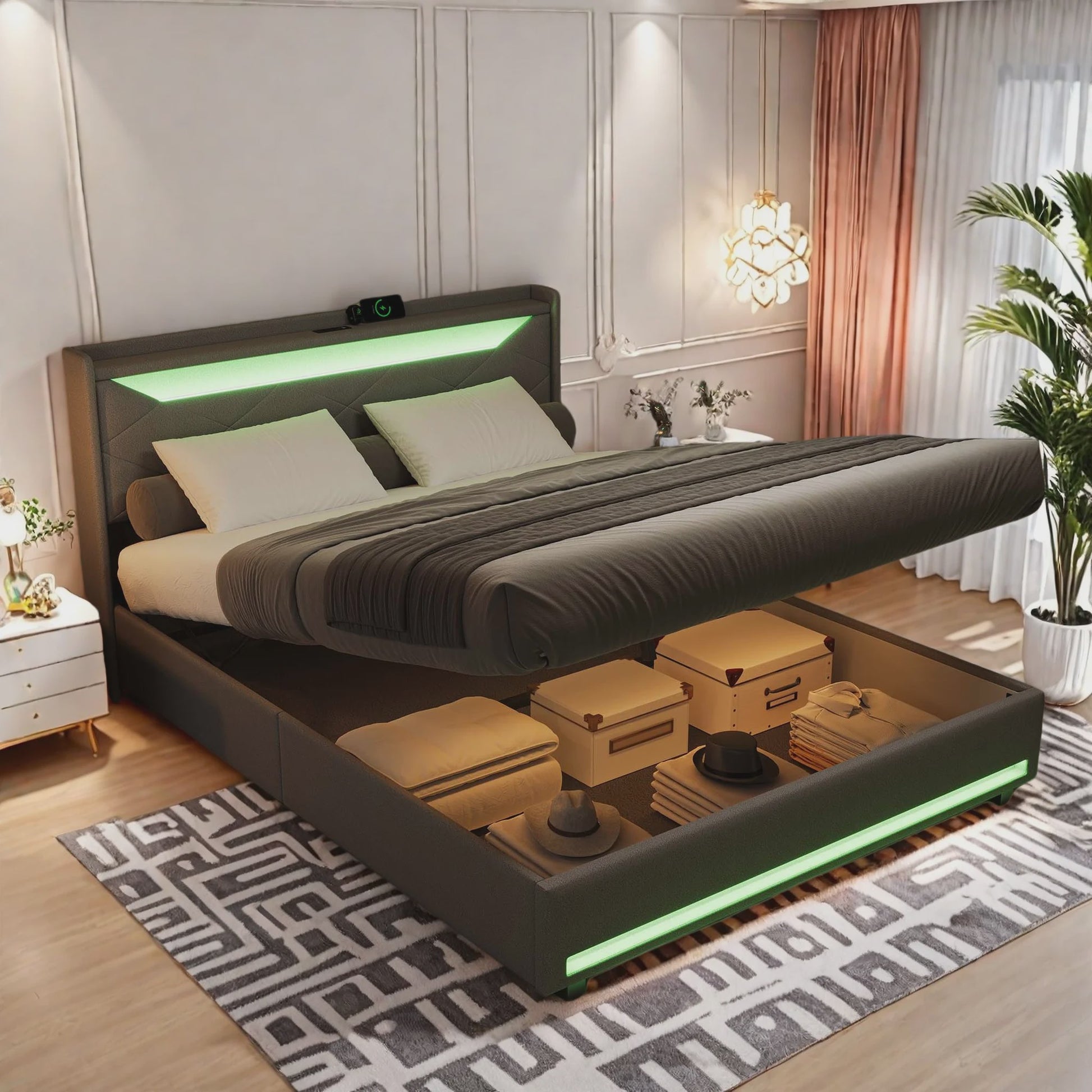 Luxe Boxspring Bed met Opbergruimte, LED Verlichting en USB - Grijs Linnen