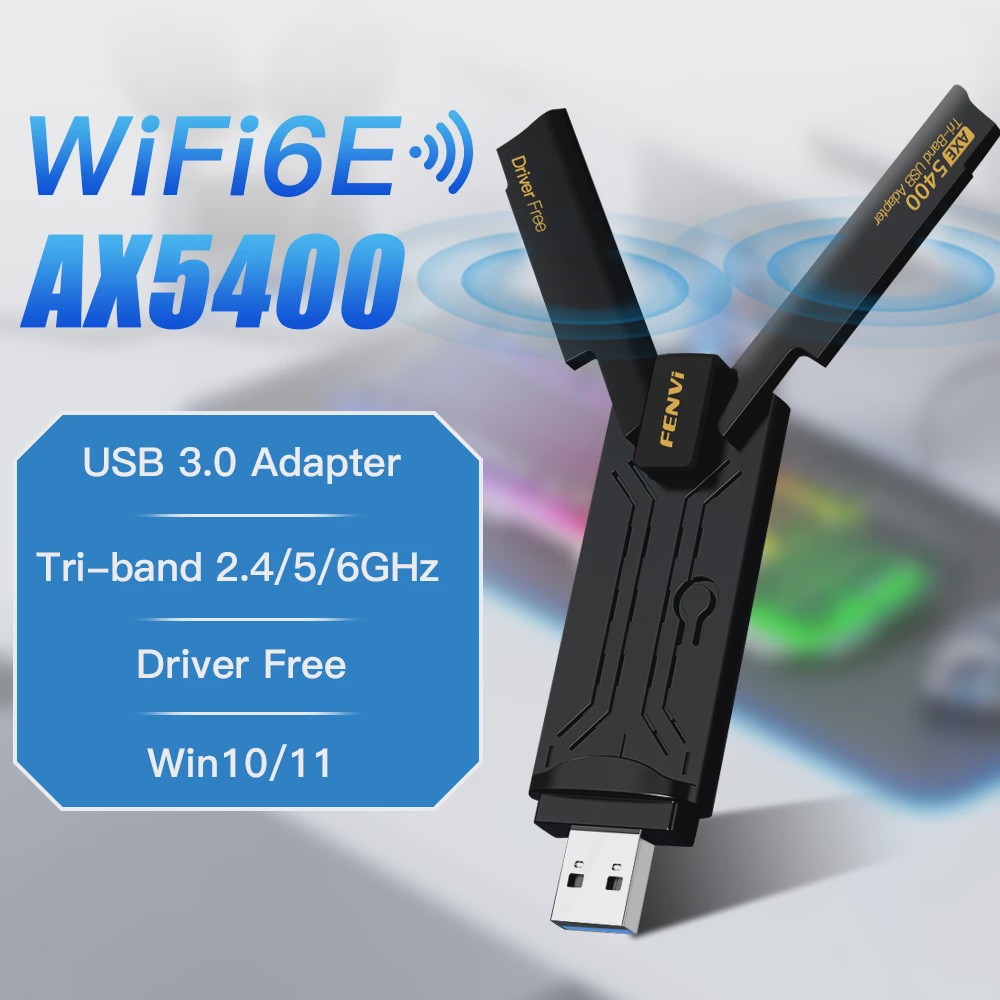 Fenvi AX5400 WiFi 6E USB Adapter 5400Mbps Tri-Band (2.4/5/6GHz) met USB 3.0 & Driver-Free Installatie