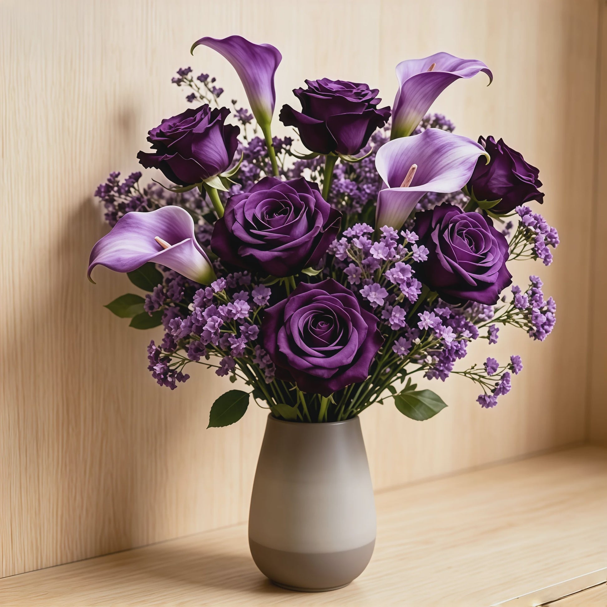 Kunstboeket Paarse Rozen, Calla Lelies & Gipsenkruid - 16 Stuks