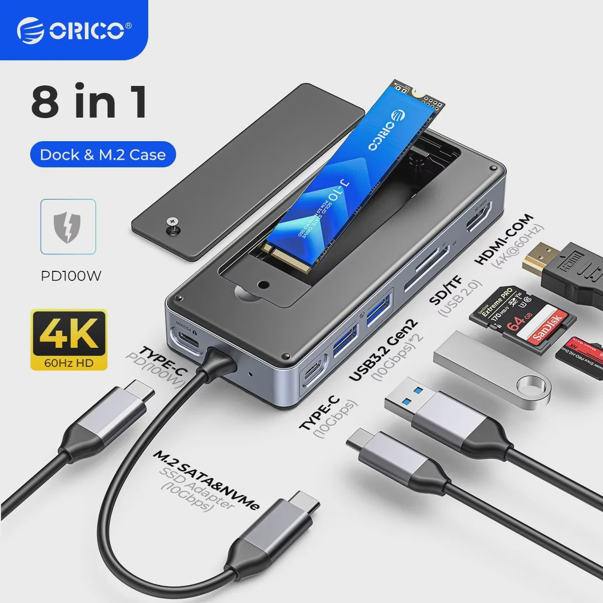 ORICO USB-C Docking Station met M.2 NVMe/SATA SSD Enclosure & 10Gbps Hub