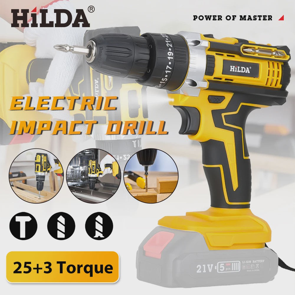 HILDA 21V Accu Schroefmachine met Klopboorfunctie - 25+3 Draaimomenten & 2 Versnellingen