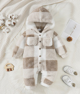 Warme Pluche Baby Romper met Capuchon - Geruit Jumpsuit voor Peuters (3-24 maanden)