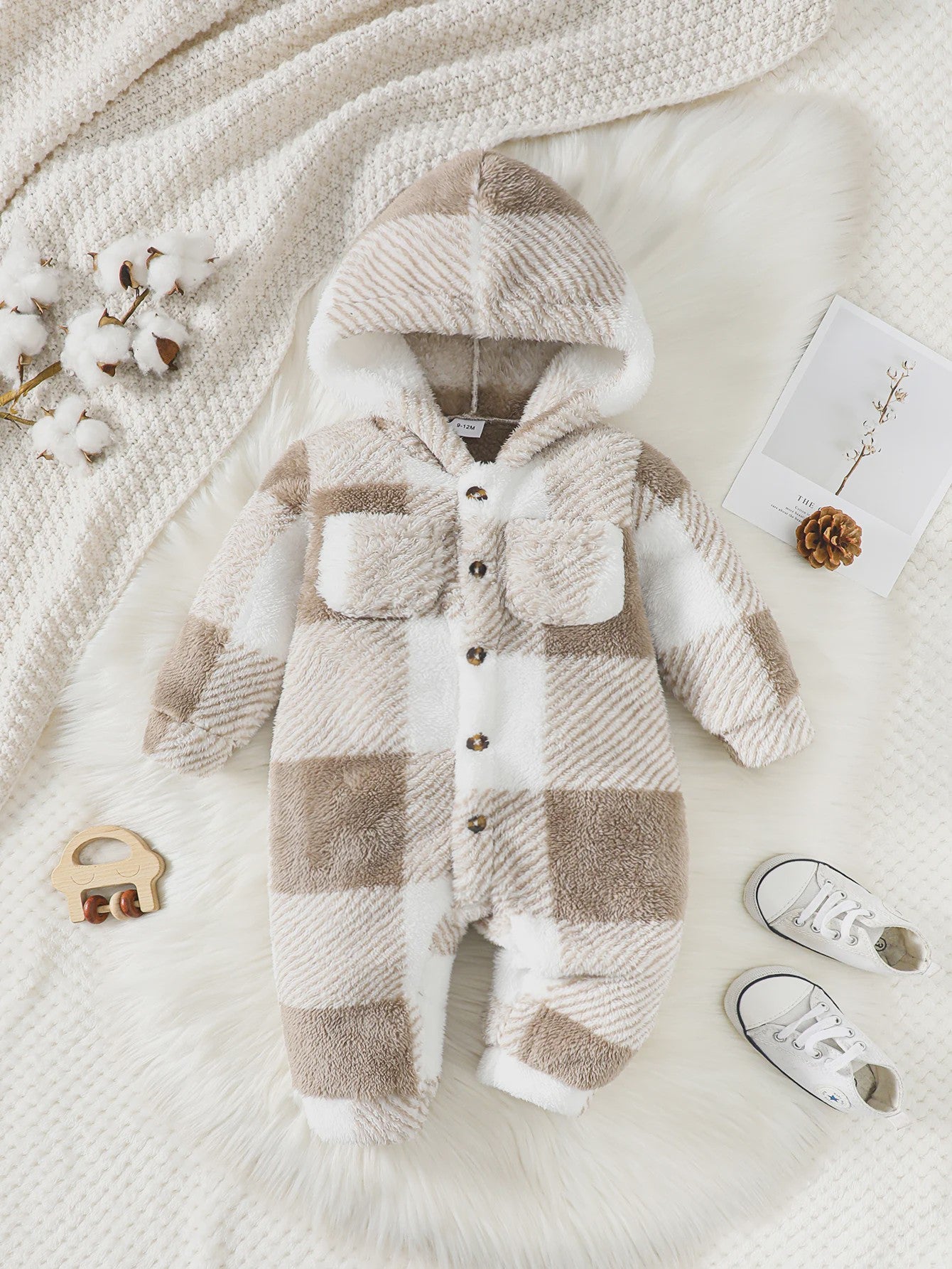 Warme Pluche Baby Romper met Capuchon - Geruit Jumpsuit voor Peuters (3-24 maanden)