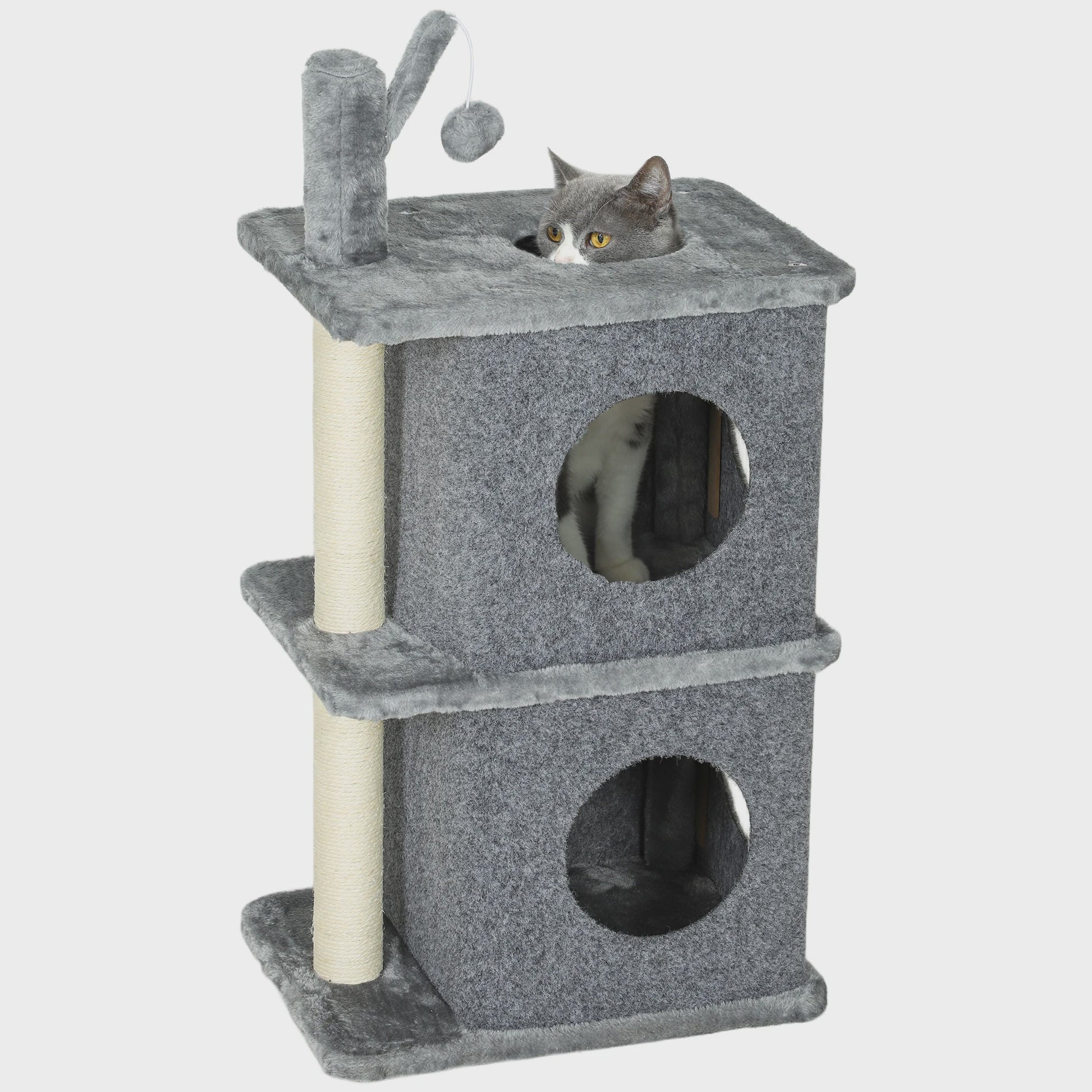 PawHut 3 Tier cat Tree Height 80 cm, Catchered Barb for Cats with 2 niches and Comfortable Roing surface, removable ball, sisal post and soft Plush, for animal 5 kg dark gray