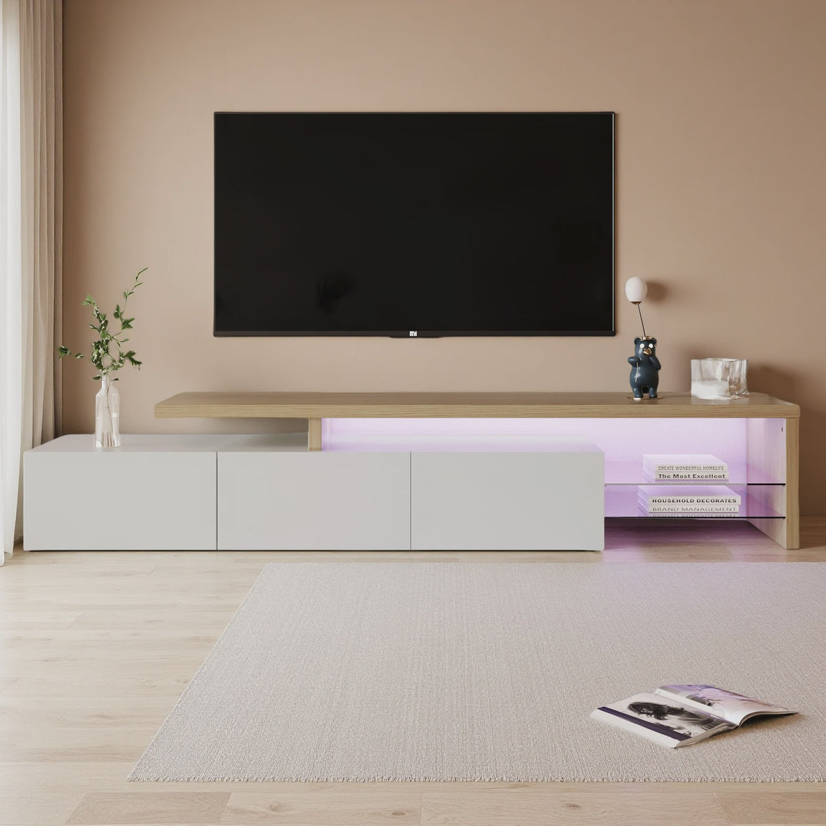 Moderne TV Meubel met LED Verlichting, 3 Lades en Glazen Partition - Wit/Zwart Hoogglans