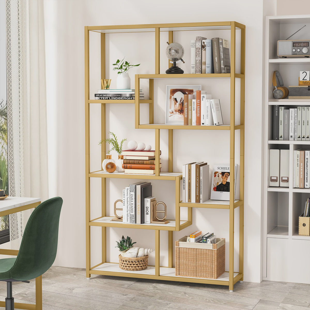 Moderne Gouden Boekenkast met 5 Niveaus - Stijlvolle Open Opbergrek
