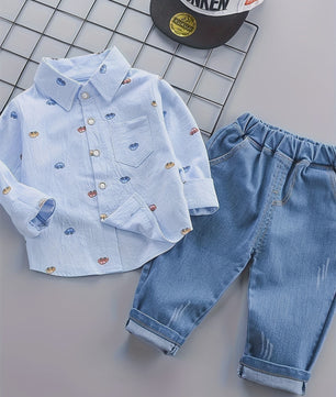 Schattige Baby Jongens Kleding Set: Auto Print Overhemd met Lange Mouwen & Denim Broek
