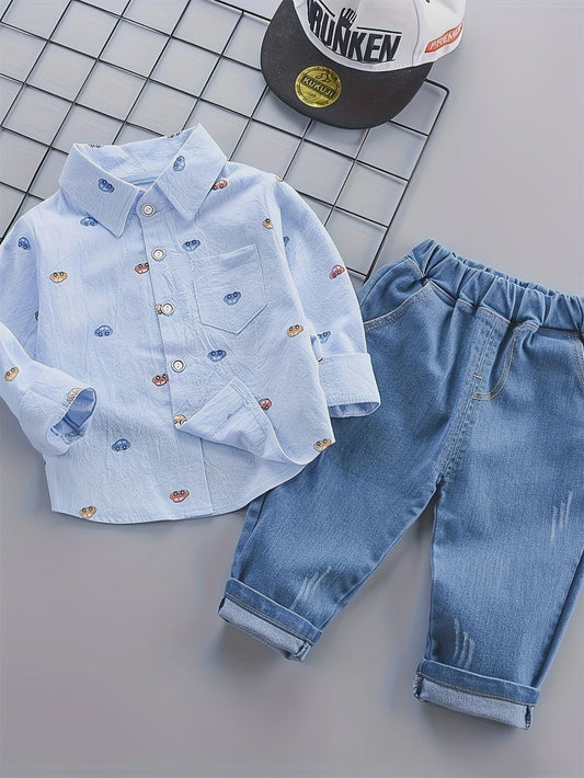 Schattige Baby Jongens Kleding Set: Auto Print Overhemd met Lange Mouwen & Denim Broek