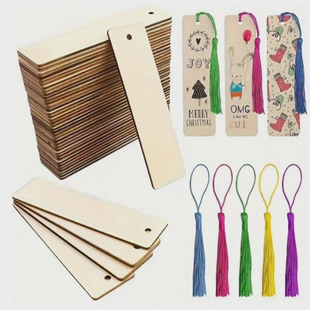 Houten Boekenleggers met Kwastjes Set - Blank & Personaliseerbaar voor Knutselen en Decoratie