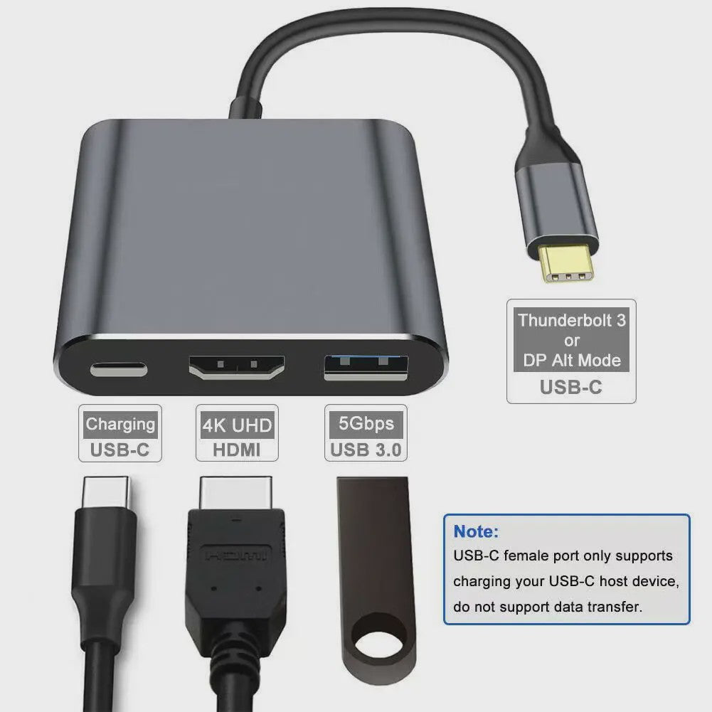 3-in-1 USB-C Hub: PD 100W Opladen, 4K HDMI & USB 3.0