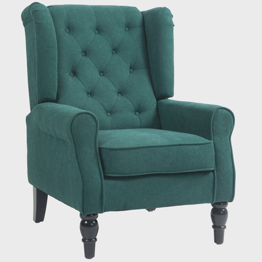 Groene Gestoffeerde Wingback Fauteuil met Brede Zitting en Klassieke Stijl
