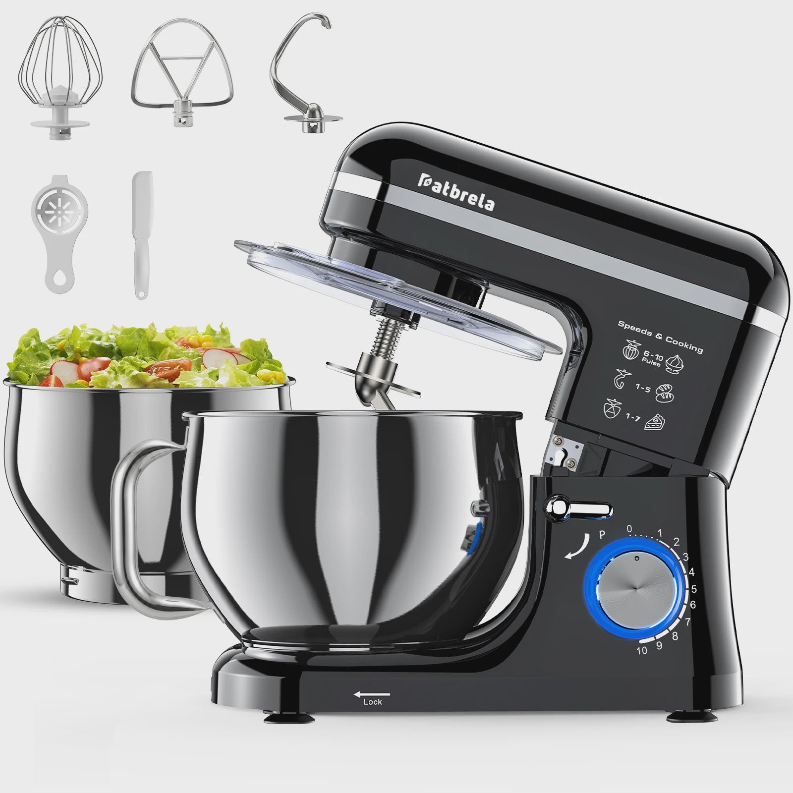 Patbrela Keukenmachine 5L - Krachtige Planetaire Mixer met 10 Snelheden voor Deeg, Cake en Koekjes