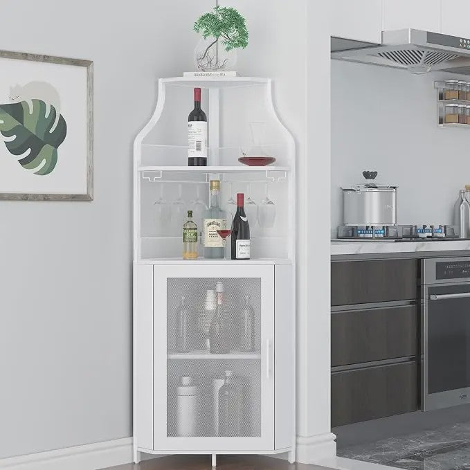 Industriële Hoekbar Kast met Wijnrek, Glazenhouder en Gaasdeur - Compact Buffet voor Woonkamer, Keuken of Eetkamer