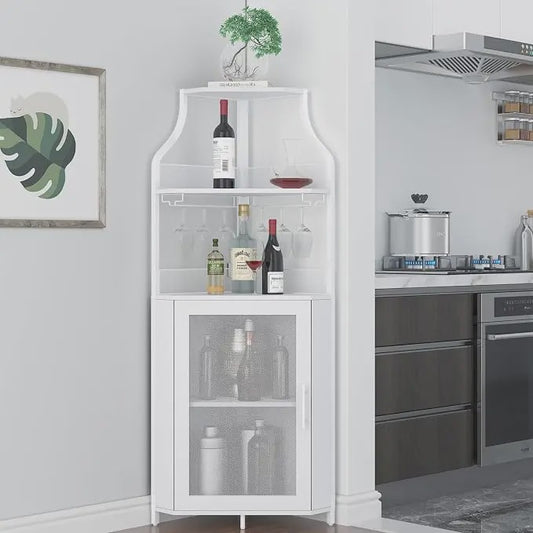 Industriële Hoekbar Kast met Wijnrek, Glazenhouder en Gaasdeur - Compact Buffet voor Woonkamer, Keuken of Eetkamer
