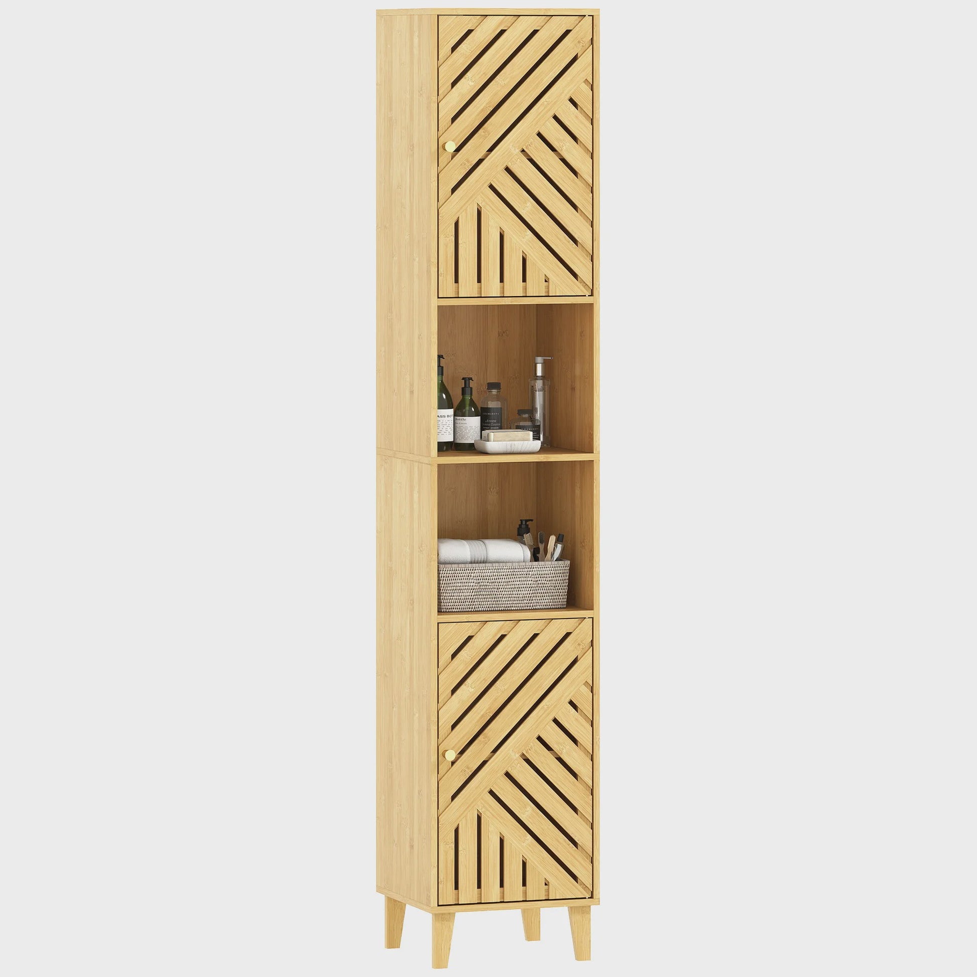 Smalle Bamboe Badkamerkast met Deuren, Open Vakken en Verstelbare Planken - 32x30x170 cm