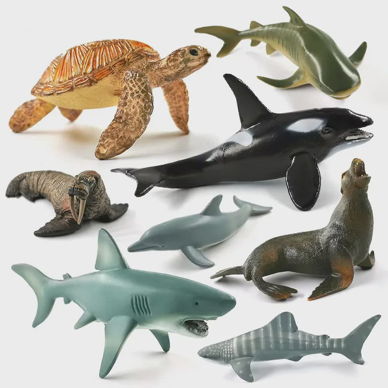 Miniatuur Zeedieren Figuren Set: Orka, Haai, Walrus, Zeeleeuw, Schildpad & Dolfijn