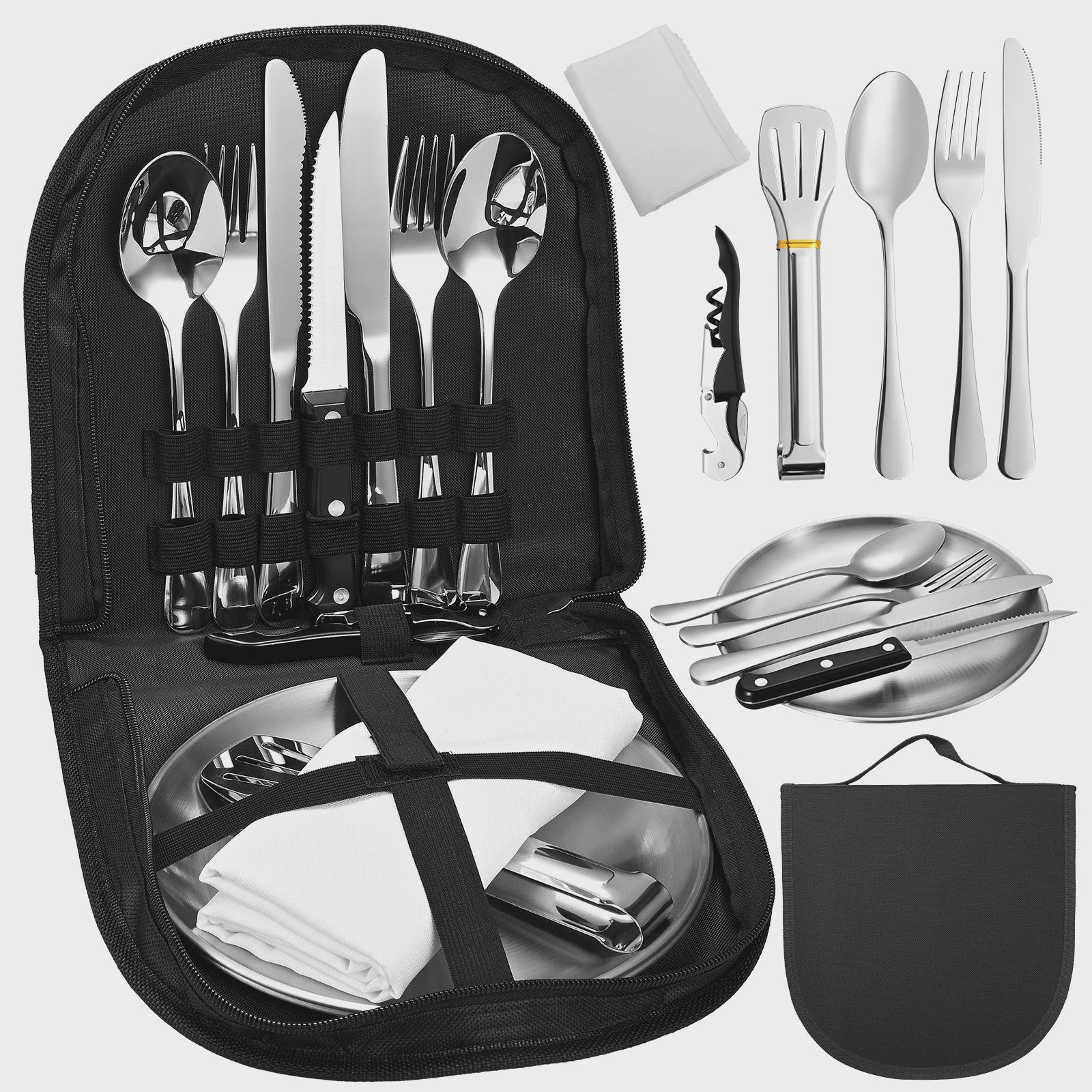 Draagbare Camping Bestekset RVS - Complete Picknick Tafelset met Organizer
