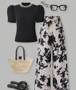 Zomerse Outfit Set Meisjes: Zwart T-shirt met Pareldecoratie & Bloemige Wijde Broek - 2-delig Pak voor Kinderen & Tieners (5-13 jaar)