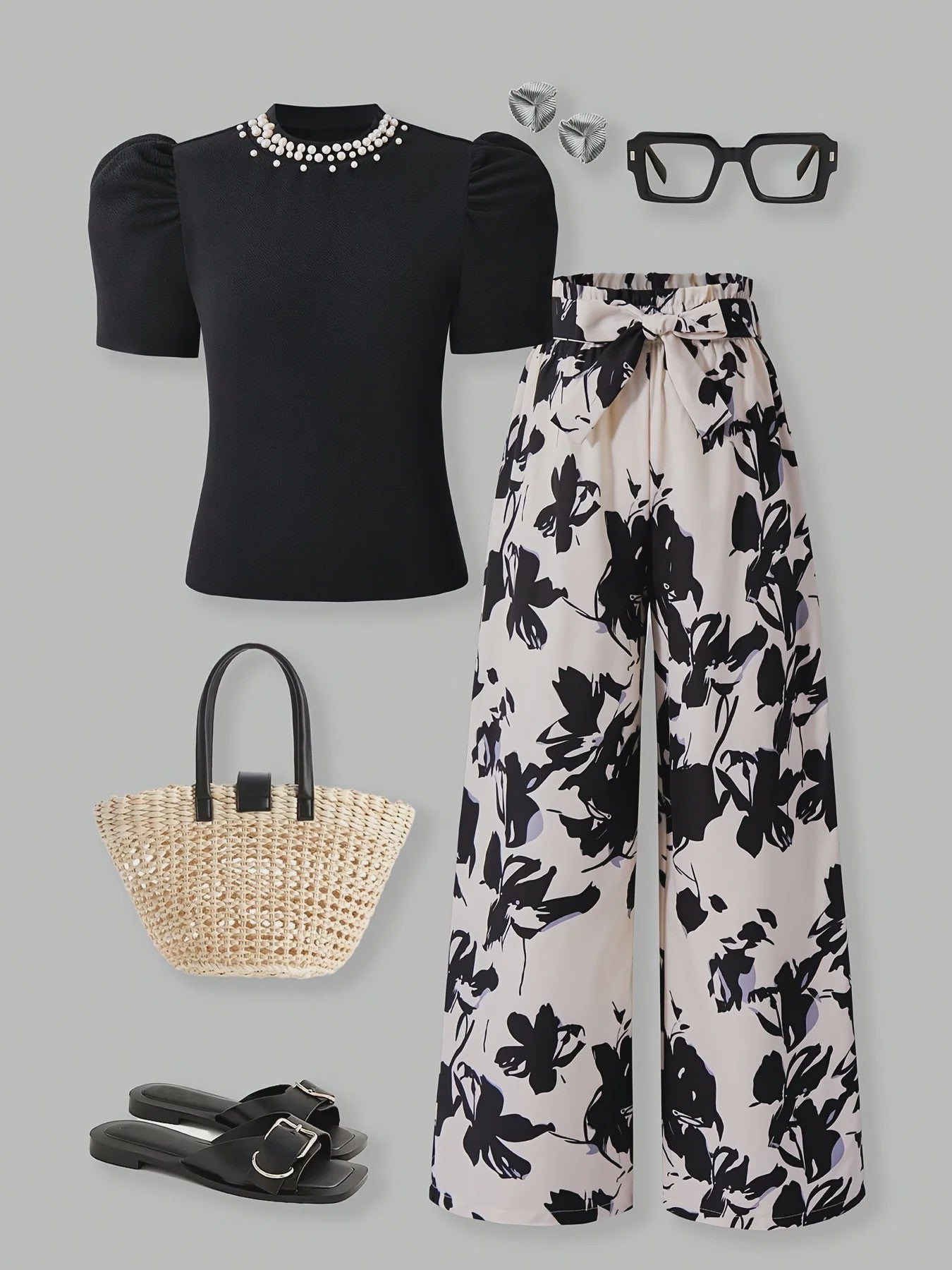 Zomerse Outfit Set Meisjes: Zwart T-shirt met Pareldecoratie & Bloemige Wijde Broek - 2-delig Pak voor Kinderen & Tieners (5-13 jaar)