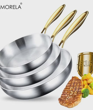 3-delige Set Roestvrij Staal Koekenpannen & Wok met Gouden Handvat - 5-laags Staal, Non-stick