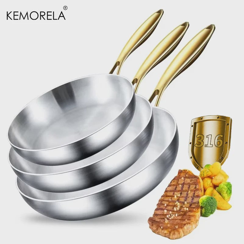 3-delige Set Roestvrij Staal Koekenpannen & Wok met Gouden Handvat - 5-laags Staal, Non-stick