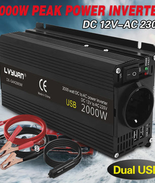 2000W Power Inverter 12V DC naar 230V AC met EU-stopcontact en Dubbele USB - Zwart