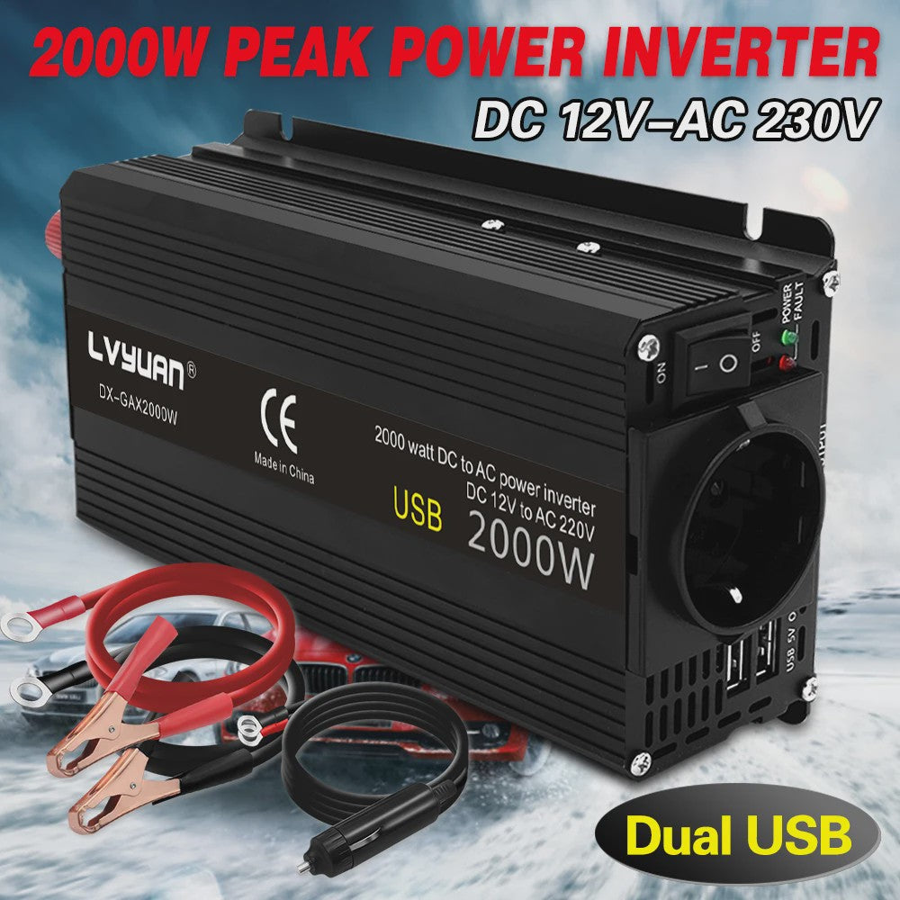 2000W Power Inverter 12V DC naar 230V AC met EU-stopcontact en Dubbele USB - Zwart