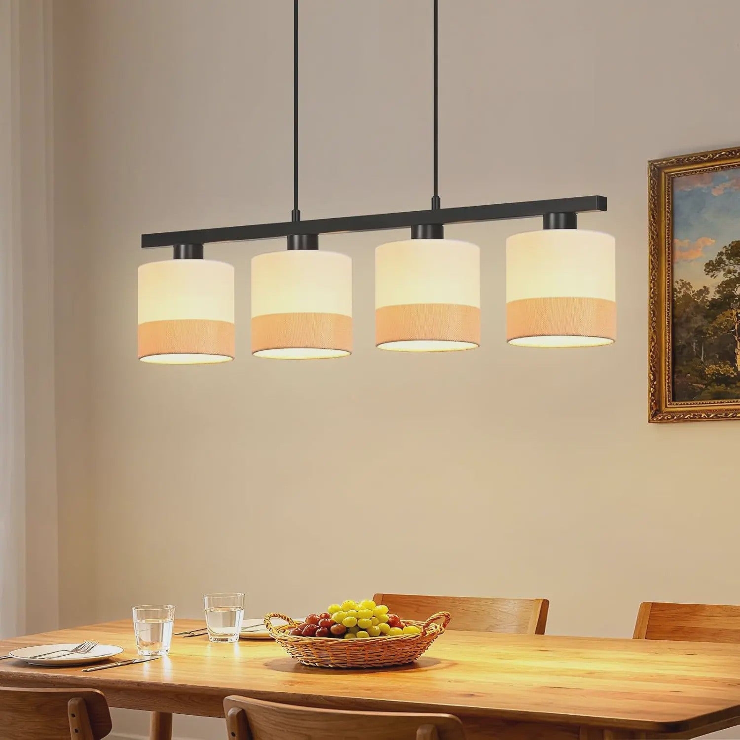 Vintage Hanglamp 4-Lichts E27 Stof met Verstelbare Hoogte voor Eetkamer, Woonkamer of Keuken