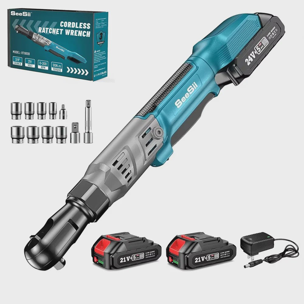 SEESII 21V Accu Ratelsleutel 3/8" 90Nm - Krachtig Elektrisch Gereedschap voor Autoreparatie met 2 Li-Ion Accu's