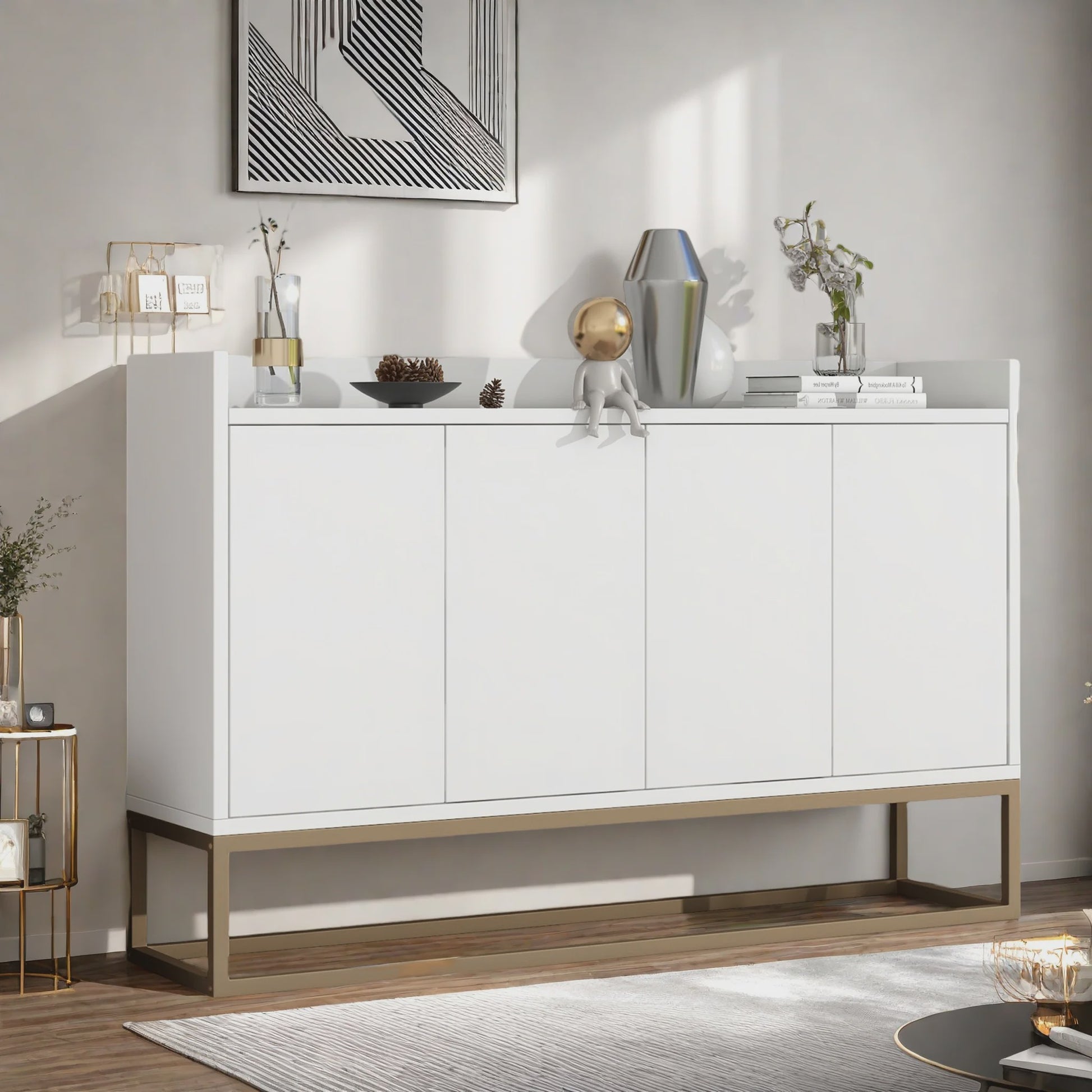 Modern Dressoir met 4 Deuren en Handgreep-loos Design - Wit, Zwart of Blauw