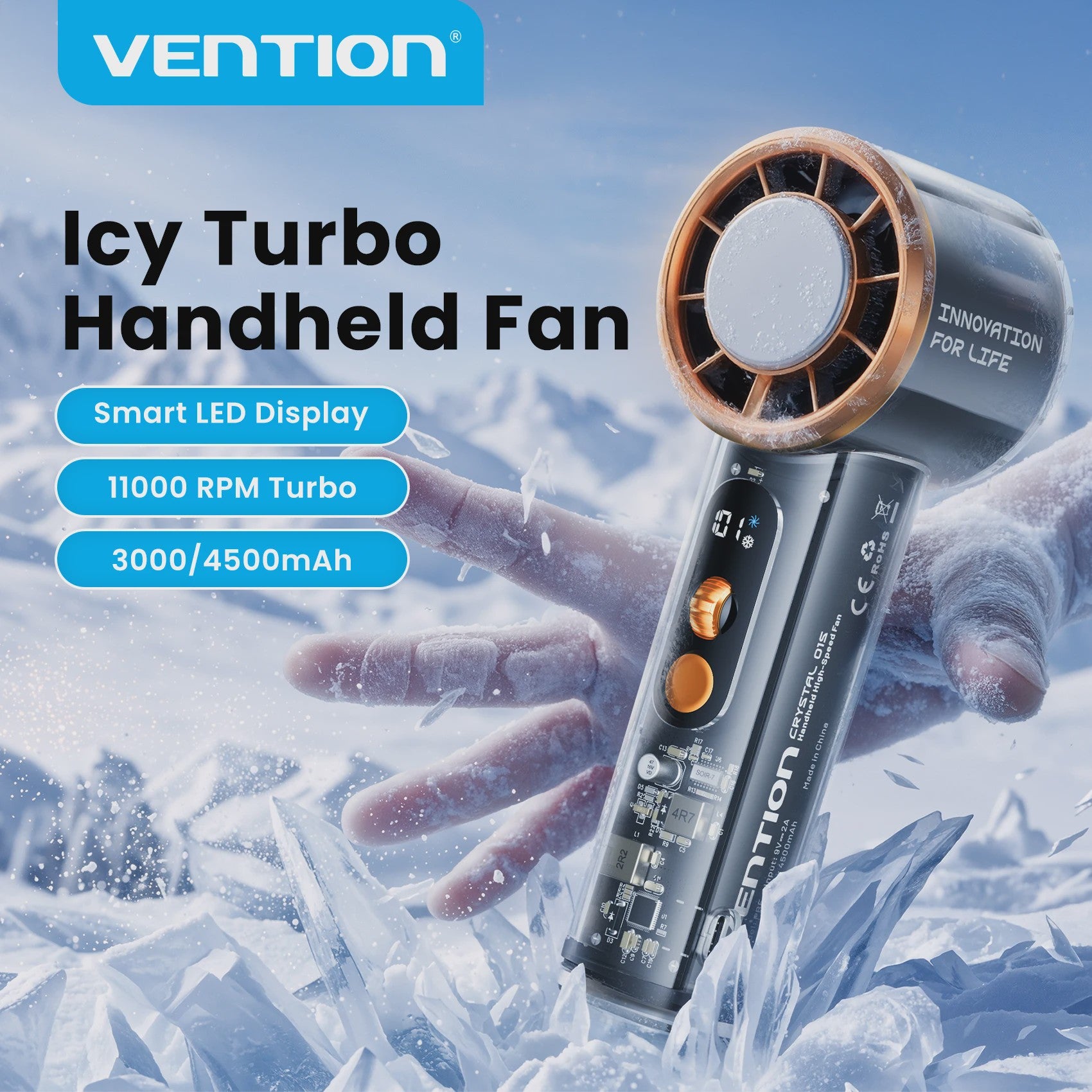 Vention Turbo Handheld Fan: Draagbare Ventilator met Supergeleidende Koeling, 11000 RPM & LED Display
