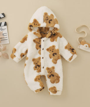 Schattige Baby Jumpsuit met Berenprint - Warm Fleece met Capuchon voor Peuters & Baby's