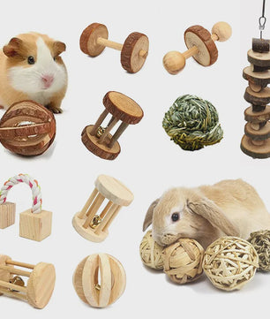 Natuurlijk Houten Speelgoed Set voor Knaagdieren, Konijnen & Hamsters - Kauwspeelgoed met Bel & Bal