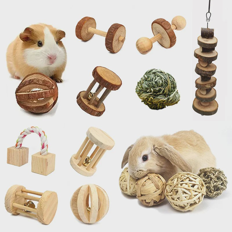 Natuurlijk Houten Speelgoed Set voor Knaagdieren, Konijnen & Hamsters - Kauwspeelgoed met Bel & Bal