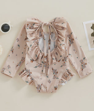 Zomerse Baby Meisjes Zwempak met Bloemenprint, Lange Mouwen en Ruches
