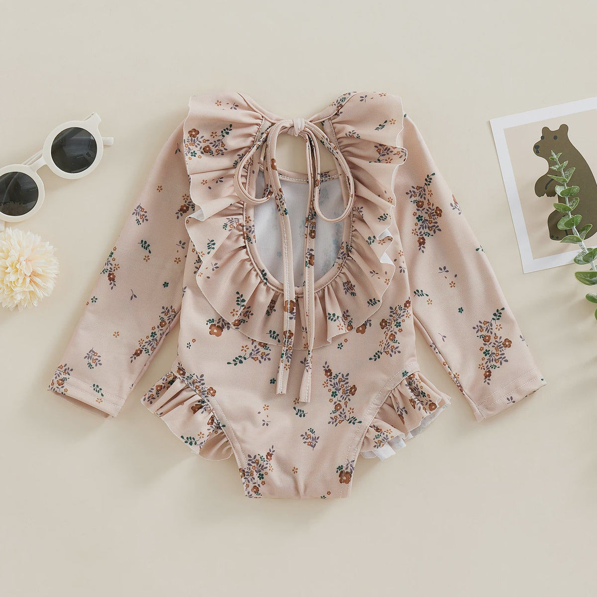 Zomerse Baby Meisjes Zwempak met Bloemenprint, Lange Mouwen en Ruches